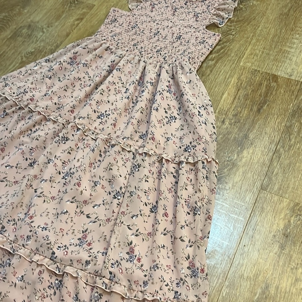 Melloday Rose Pink Floral Maxi Dress Smocked Tiered Lined Size Large L EUC - Picture 7 of 16